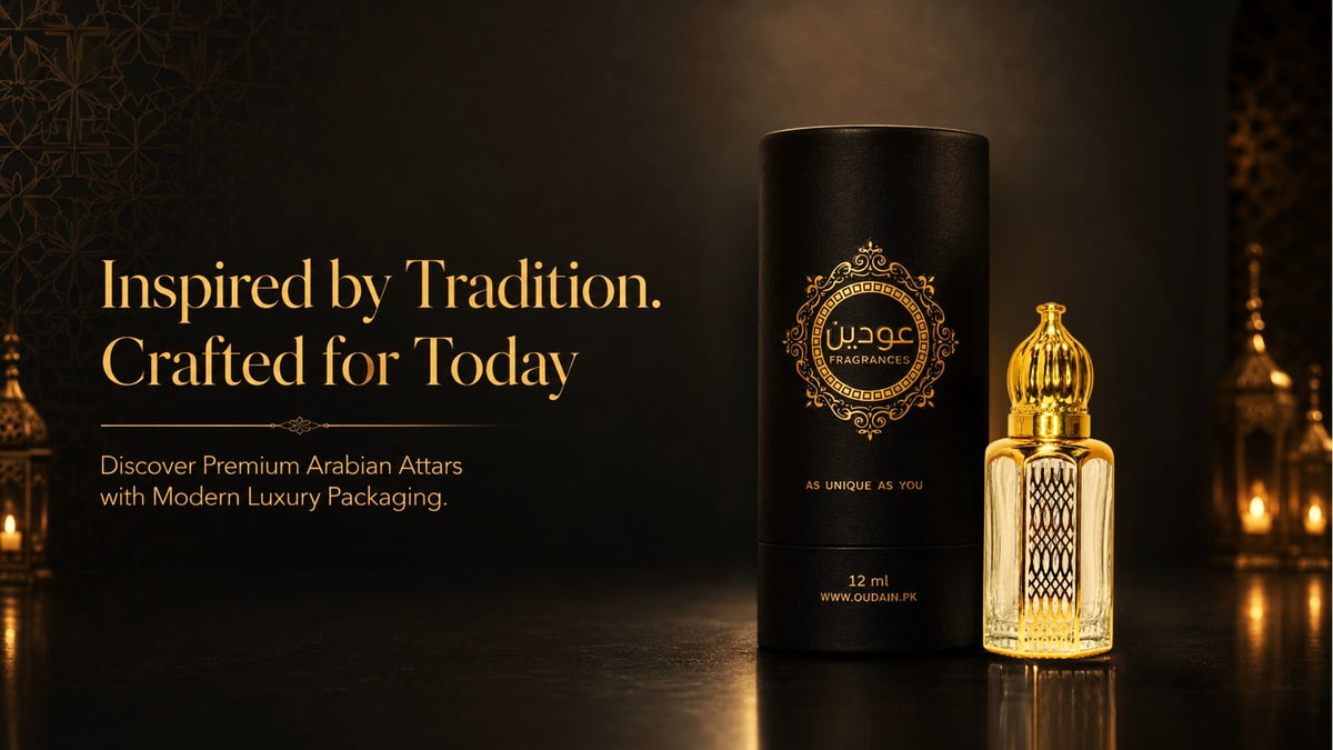 OUDAIN FRAGRANCE premium Arabian attar with black luxury packaging and golden perfume bottle in an Arabian-inspired setting