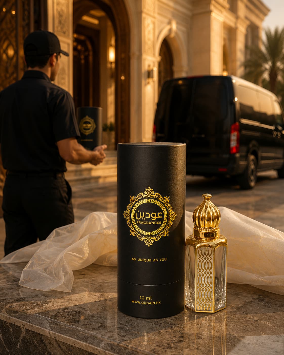 OUDAIN FRAGRANCE Luxury Delivered Nationwide featuring premium black and gold fragrance packaging arriving at a doorstep