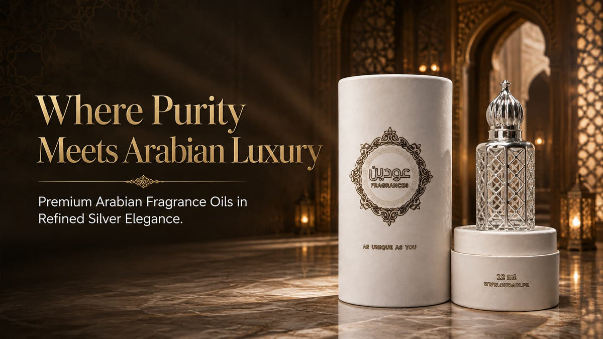 OUDAIN FRAGRANCE white luxury packaging with refined silver Arabian perfume bottle in an elegant palace setting