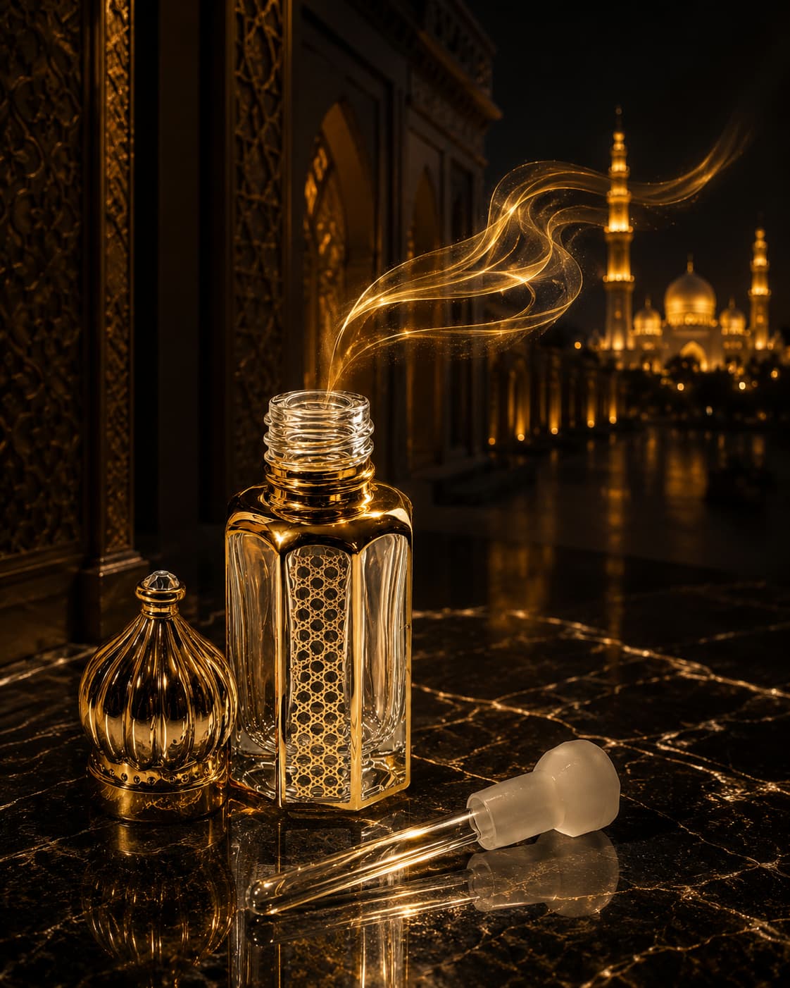 OUDAIN FRAGRANCE Long-Lasting Luxury featuring an open perfume bottle with golden fragrance waves reaching a distant mosque