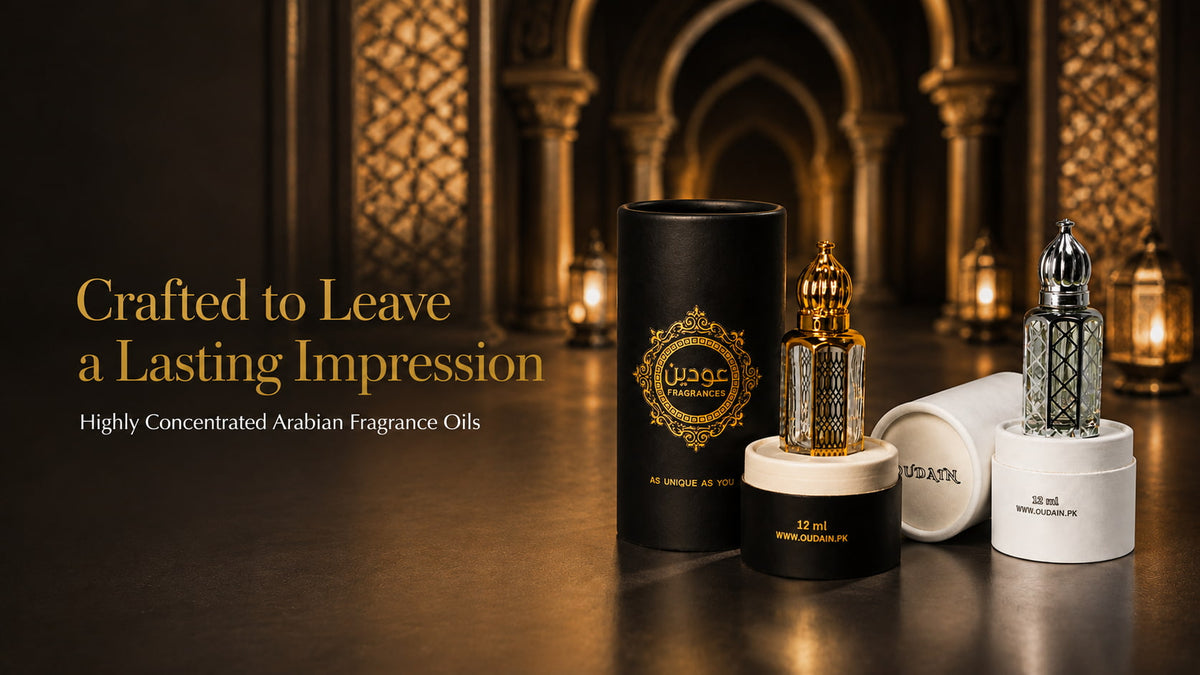 OUDAIN FRAGRANCE premium Arabian fragrance oils with black and white luxury packaging and gold and silver perfume bottles