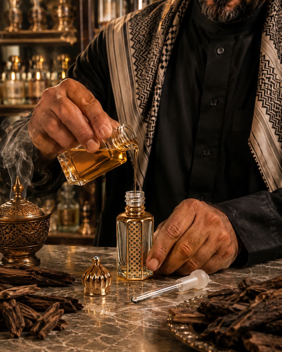 OUDAIN FRAGRANCE Premium Arabian Oils featuring traditional perfume oil craftsmanship with a master perfumer filling an attar bottle